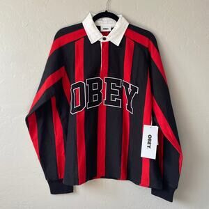 NWT Obey Landon Black Red Stripe Long Sleeve Polo Shirt